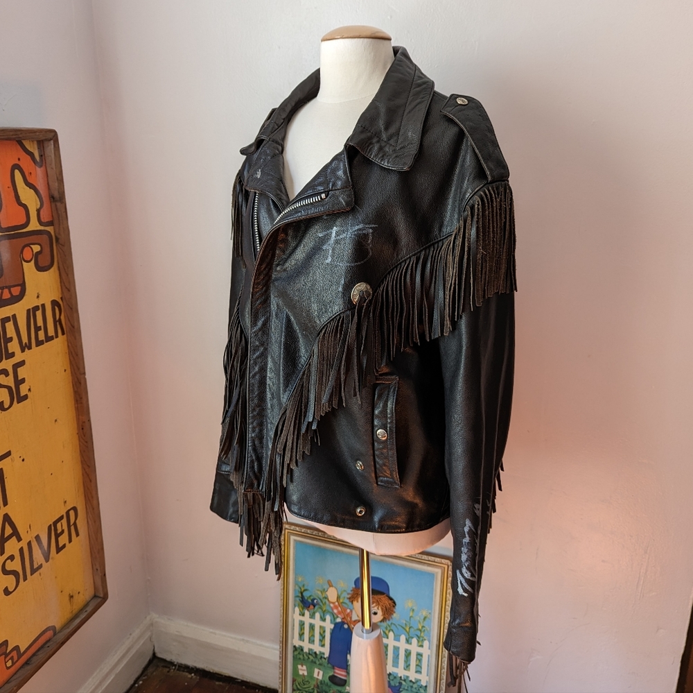 Vintage Fringe Black Leather Jacket with Heavy Metal Musician Autographs